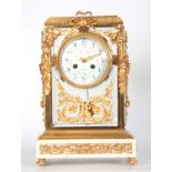LUTHON AINES, PARIS A LATE 19TH CENTURY FRENCH ORMOLU AND WHITE MARBLE FOUR-GLASS MANTEL CLOCK the