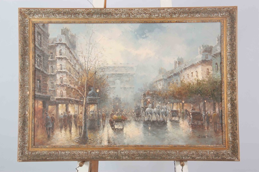 J GASTON - OIL ON HARDBOARD Parisian Street scene with horse-drawn carriages 59.5cm high 90.5cm wide - Image 2 of 5