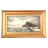 A BAKER - 19TH CENTURY OIL ON CANVAS rocky coastline with moored vessel beyond 29cm high 59.5cm high