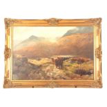 19TH CENTURY OIL ON CANVAS highland cattle in a loch and landscape setting 60cm high 90,5cm wide