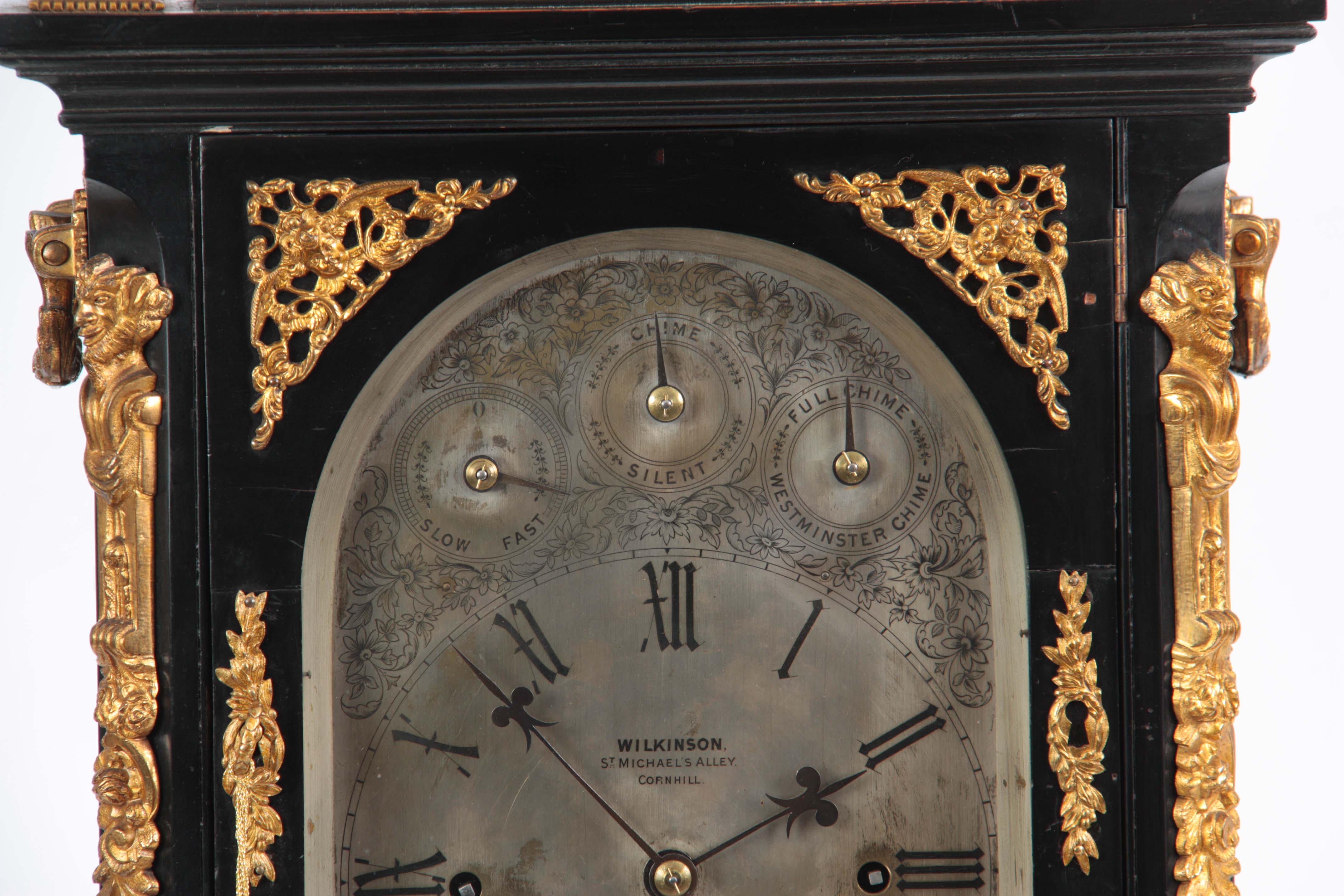 A LATE 19TH CENTURY EBONISED EIGHT BELL QUARTER CHIMING BRACKET CLOCK the case with pagoda top - Image 4 of 10