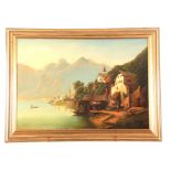 A KREUTZER - 19TH CENTURY OIL ON RE-LINED CANVAS continental lake and mountainous town scene with