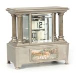 AN EARLY 20TH CENTURY SILVERED CASED LENZKIRCH TICKET CLOCK with four reeded columns and applied