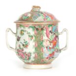 A 19TH CENTURY CANTONESE TWO-HANDLED POT AND COVER with fruit finial decorated all-over interior and