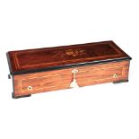 A 19TH CENTURY SWISS CROSSBANDED ROSEWOOD, MARQUETRY INLAID AND SIMULATED EIGHT AIRE MUSICAL BOX