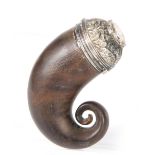 A 19TH CENTURY SCOTTISH RAMS HEAD HORN SNUFF MULL with an elaborate embossed silver-mounted top