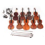 A COLLECTION OF EIGHT VIOLINS, ONE VIOLA AND 5 VIOLIN BOWS one labelled Sabastion Kloz and the Viola