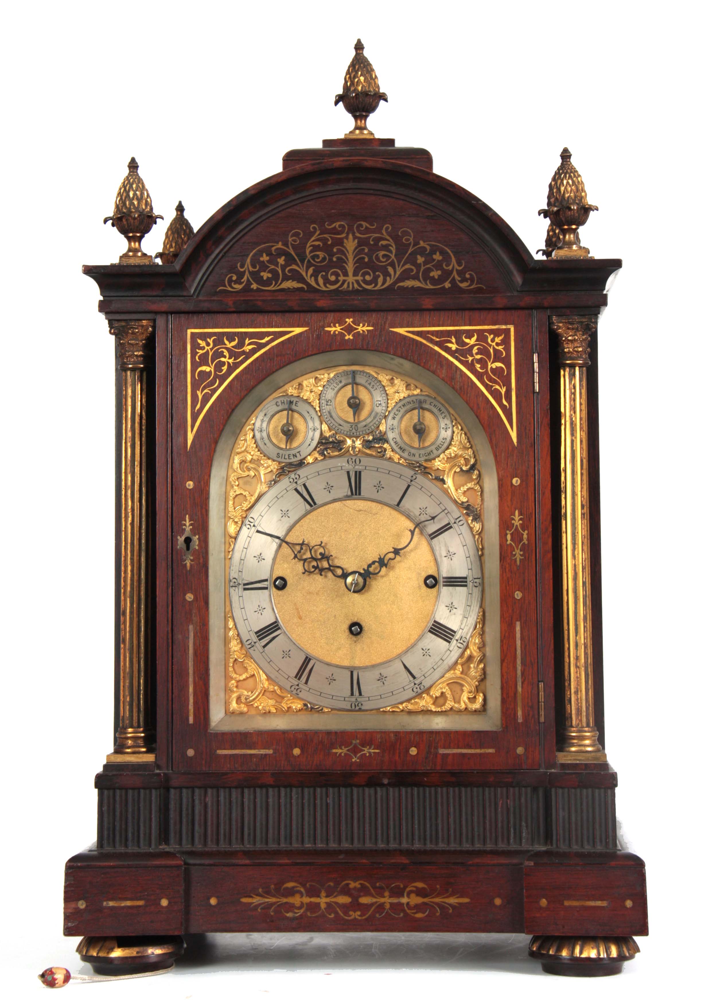 A LATE 19TH CENTURY ROSEWOOD BRASS INLAID EIGHT BELL QUARTER CHIMING BRACKET CLOCK the arched top