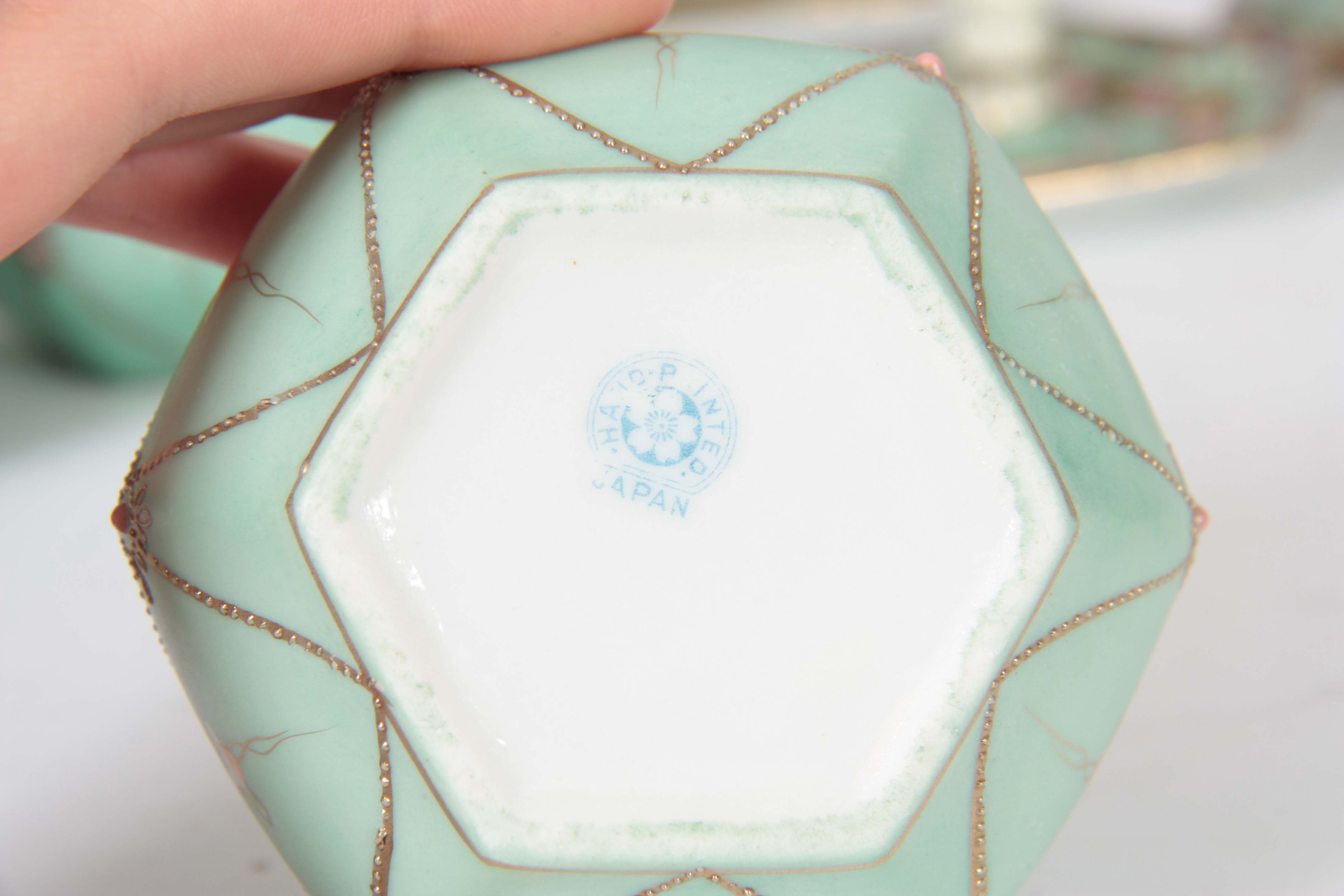 A JAPANESE NORITAKE TRINKET SET having a duck egg blue ground and floral band decoration inset - Image 7 of 8