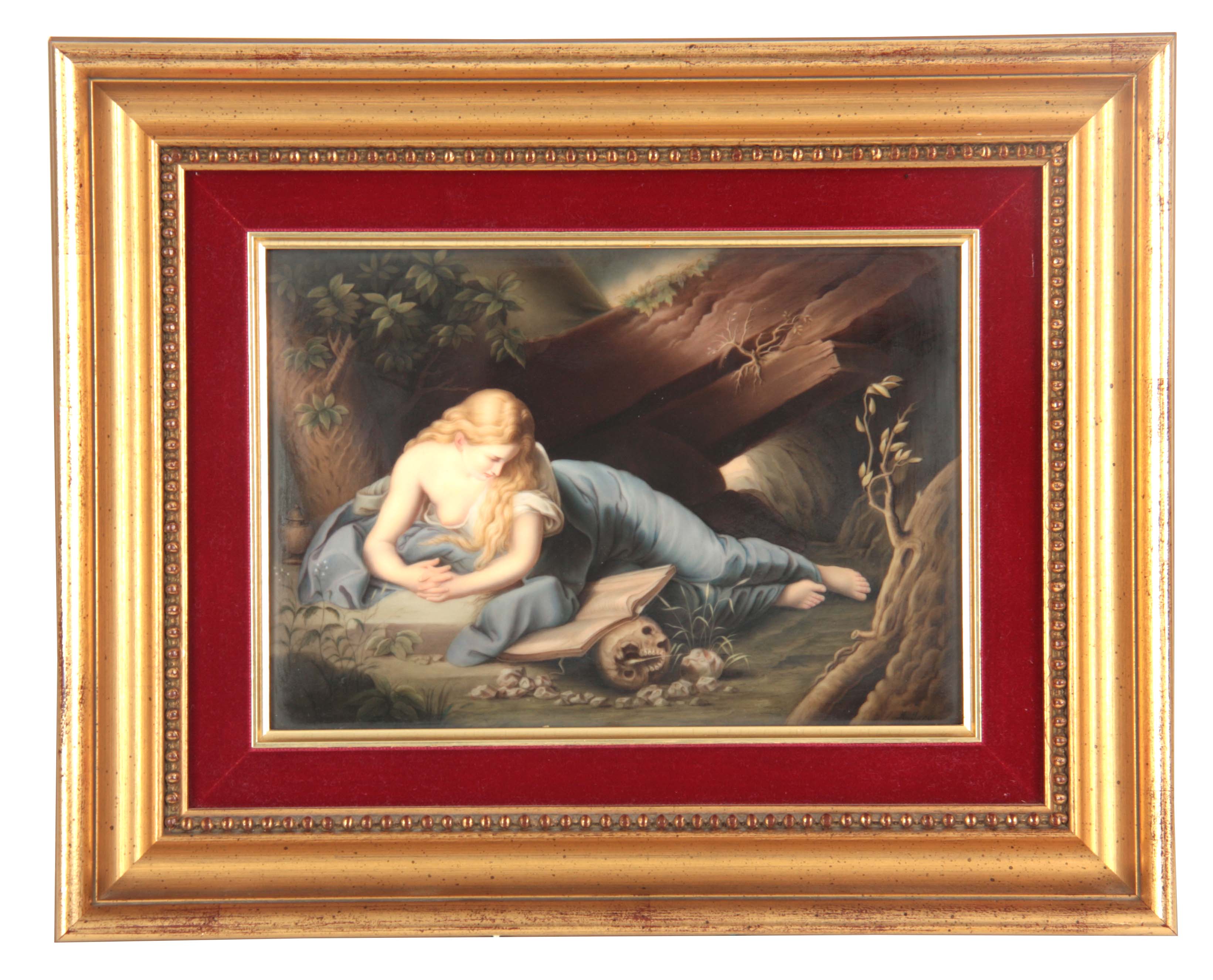 A LATE 19th CENTURY KPM PORCELAIN PLAQUE OF PENITENT MAGDALENE AFTER POMPEO BATONI the reverse