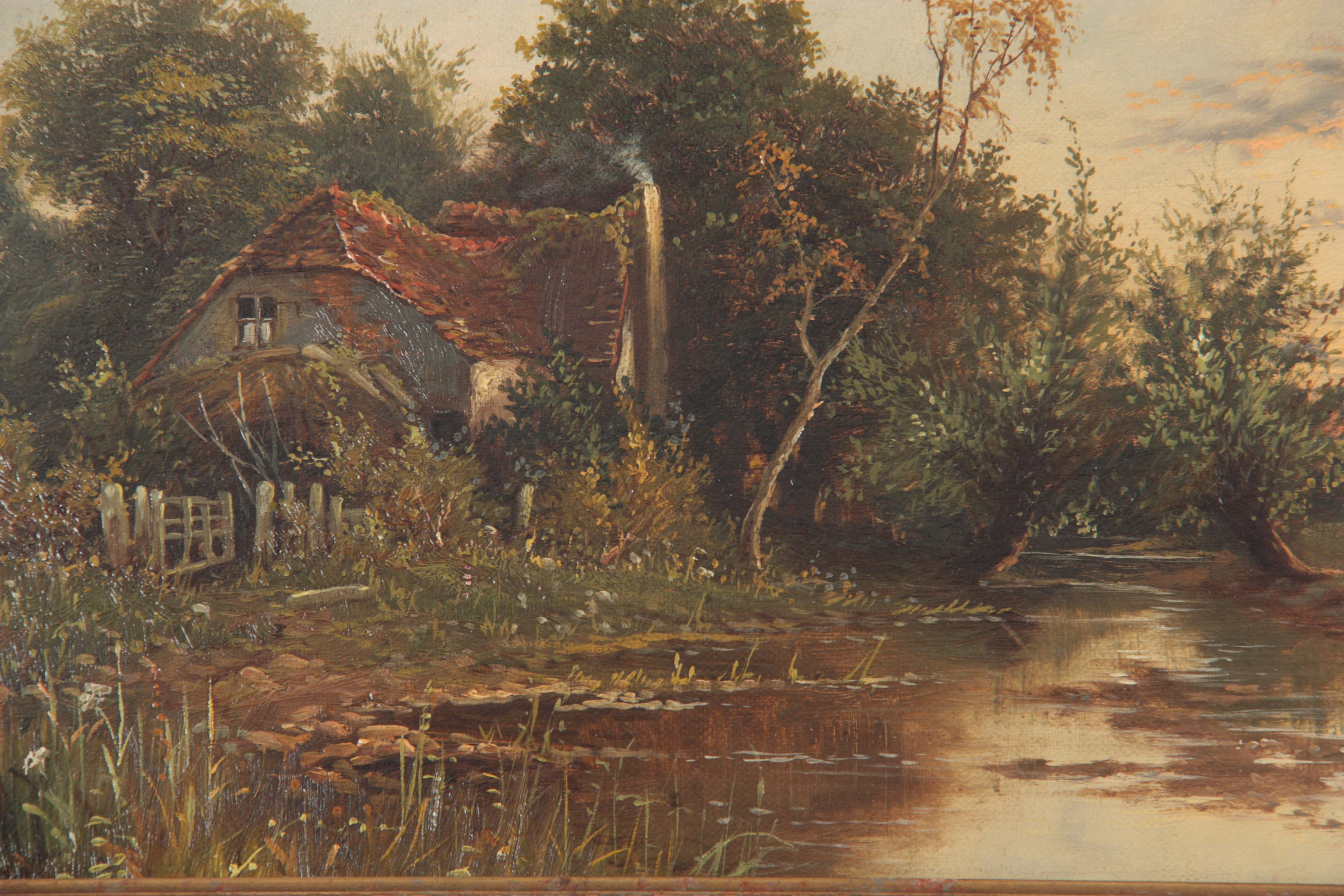 STANLEY ROGERS - 19TH CENTURY OIL RE-LINED CANVAS river landscape scene with thatched cottage to the - Image 3 of 6