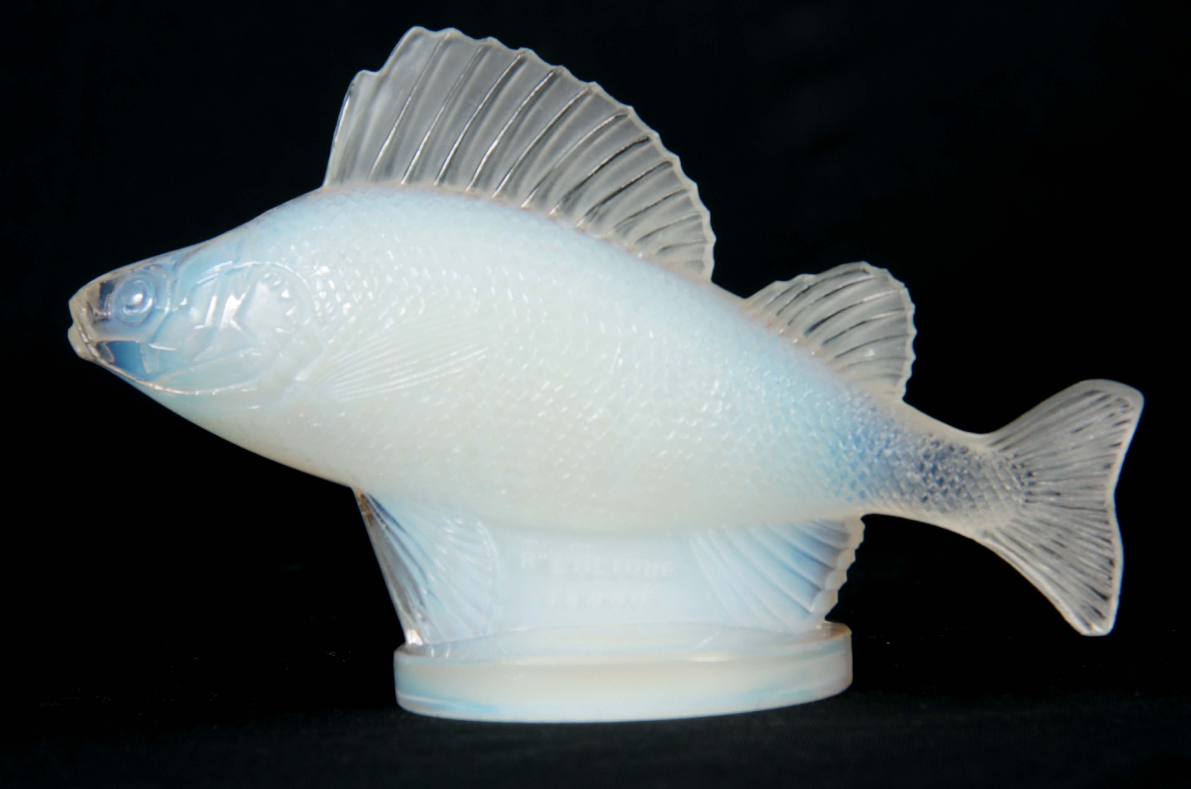 RENE LALIQUE. AN EARLY 20th CENTURY OPALESCENT GLASS 'PERCHE' CAR MASCOT signed below the fish on