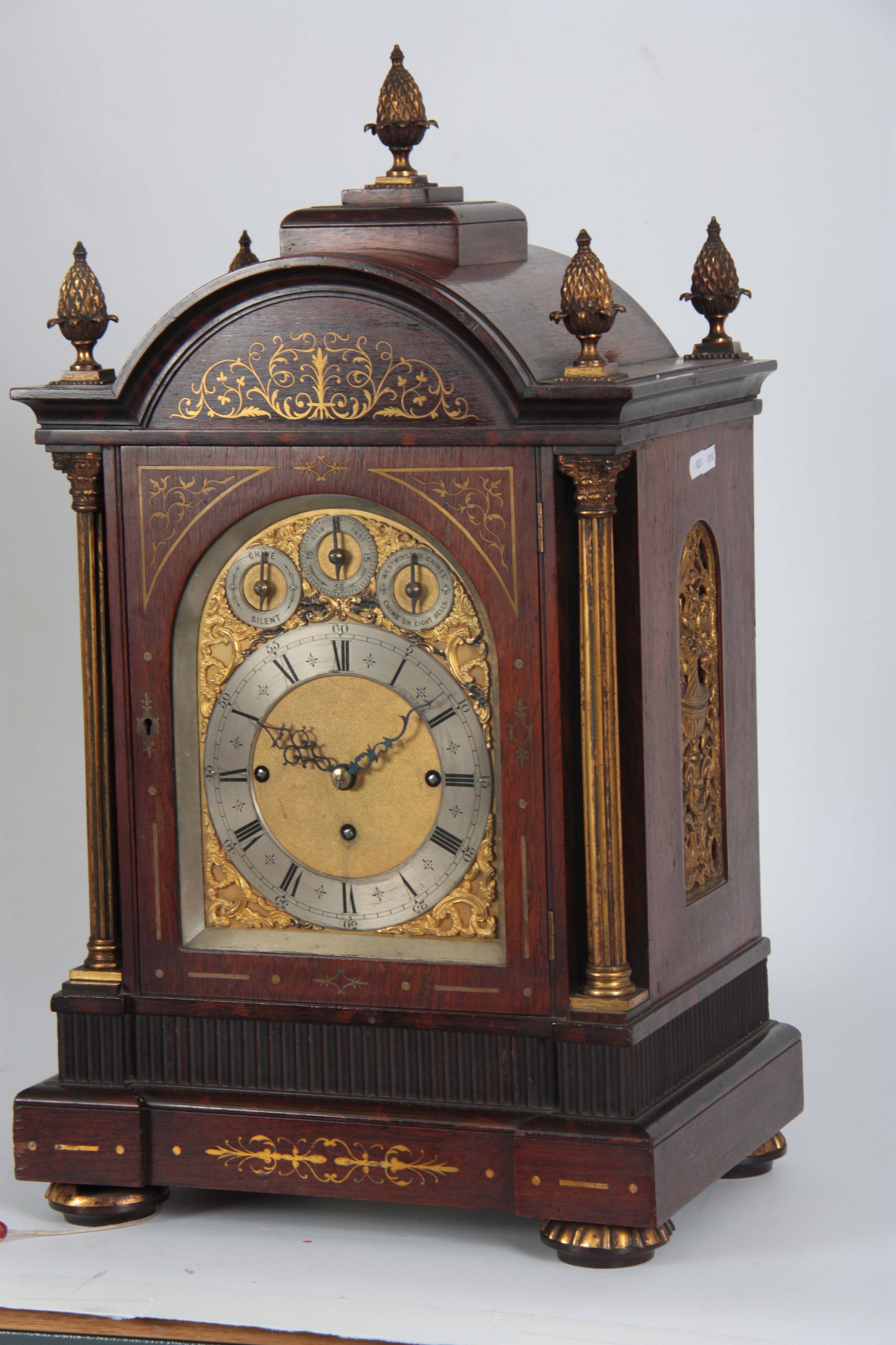 A LATE 19TH CENTURY ROSEWOOD BRASS INLAID EIGHT BELL QUARTER CHIMING BRACKET CLOCK the arched top - Image 3 of 8