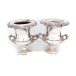 A PAIR OF WILLIAM IV OLD SHEFFIELD SILVER PLATED WINE COOLERS having urn-shaped bodies, side handles