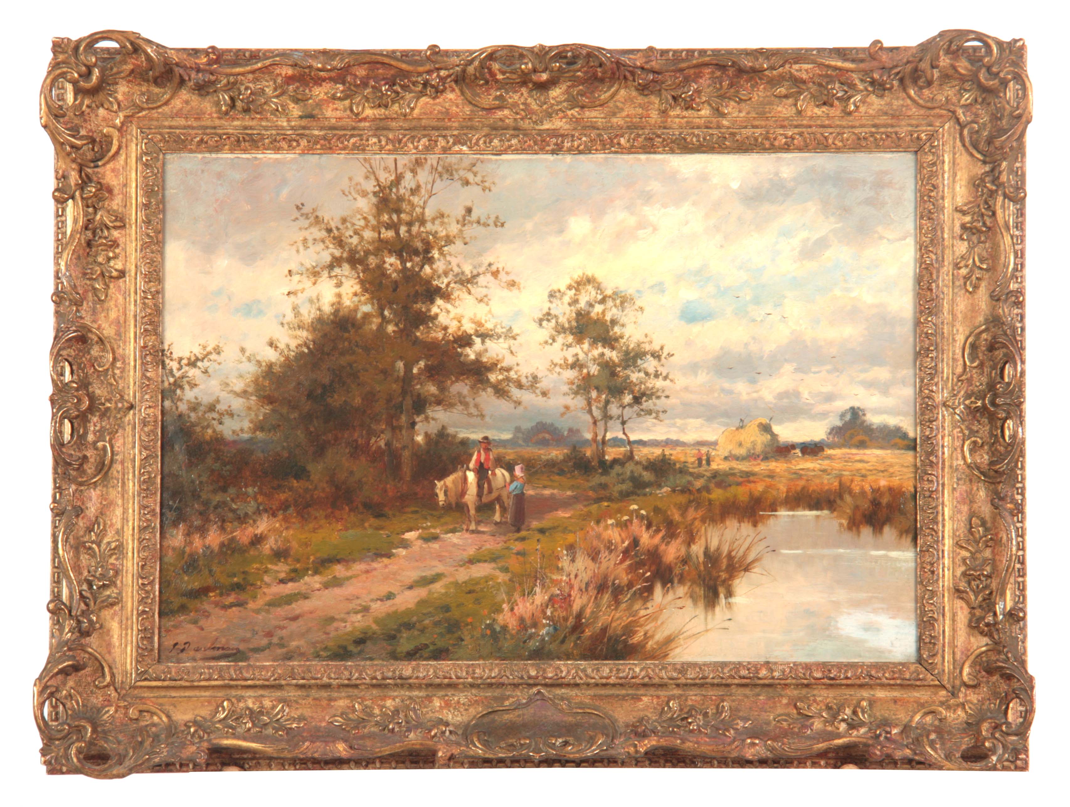 19TH CENTURY OIL ON CANVAS tree lined river landscape scene at harvest with horse and figures on a