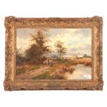 19TH CENTURY OIL ON CANVAS tree lined river landscape scene at harvest with horse and figures on a