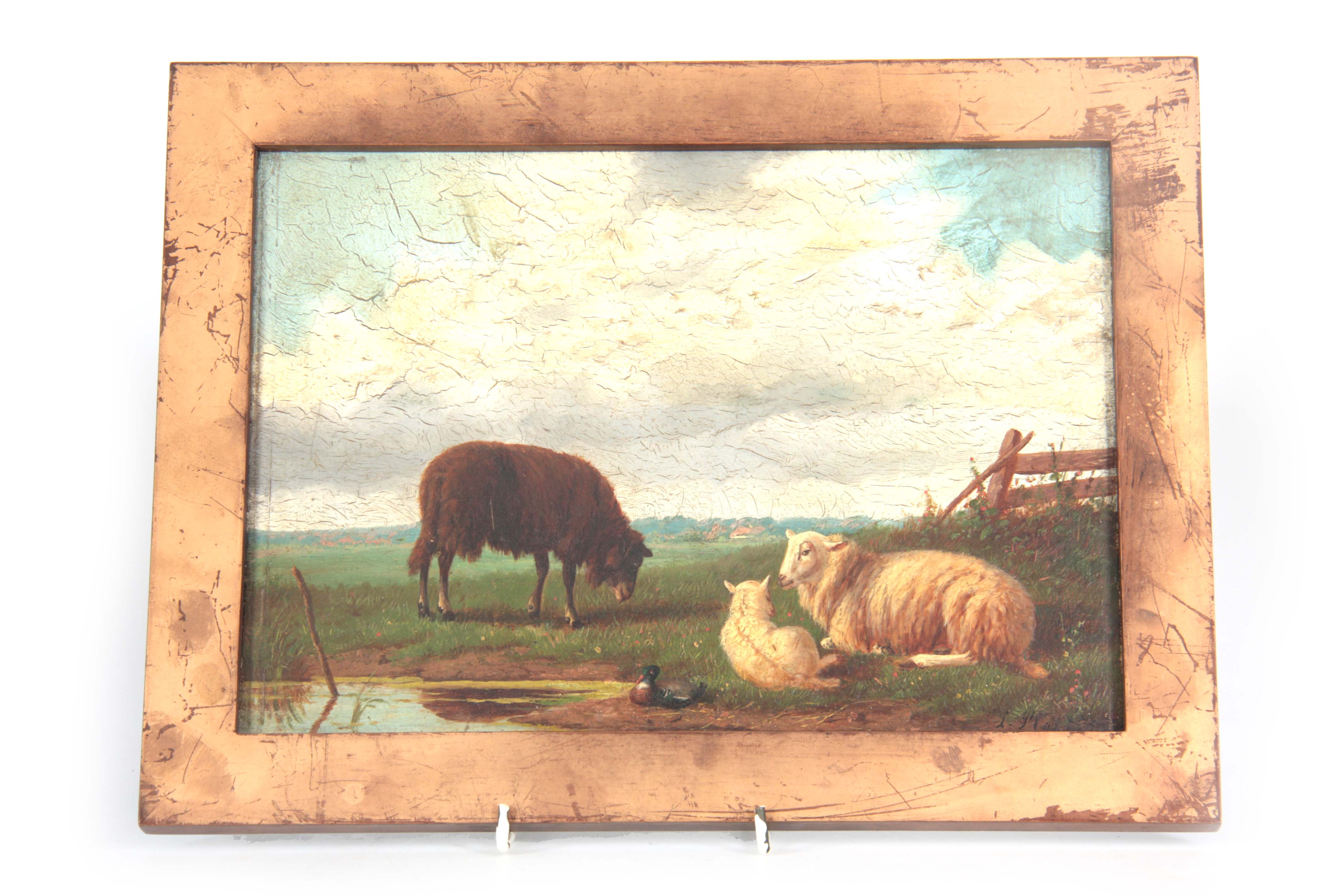 19TH CENTURY OIL ON MAHOGANY PANEL sheep in a landscape by water 20cm high 28.5cm wide bears