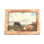 19TH CENTURY OIL ON MAHOGANY PANEL sheep in a landscape by water 20cm high 28.5cm wide bears