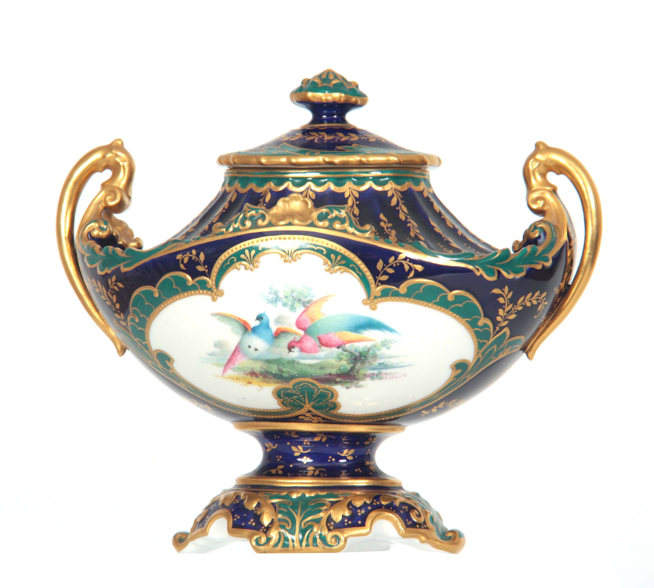AN ORNATE ROYAL CROWN DERBY GILT TWO-HANDLED BOAT-SHAPED PEDESTAL CABINET VASE AND COVER of fanned