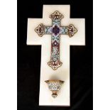 A 19TH CENTURY FRENCH WHITE MARBLE GROUND AND CHAMPLEVE ENAMEL CRUCIFIX AND HOLY WATER FONT 34.5cm