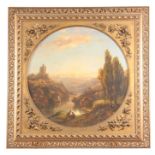 ROBERTS. A 19TH CENTURY CIRCULAR OIL ON CANVAS depicting a romantic river landscape - mounted in
