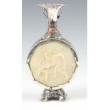 A MEIJI PERIOD SILVER AND ENAMEL MOON SHAPED SPILL VASE with floral enamel decoration and circular