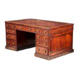 A GEORGE III MAHOGANY PARTNERS DESK with tooled leather top above three frieze drawers and pair of