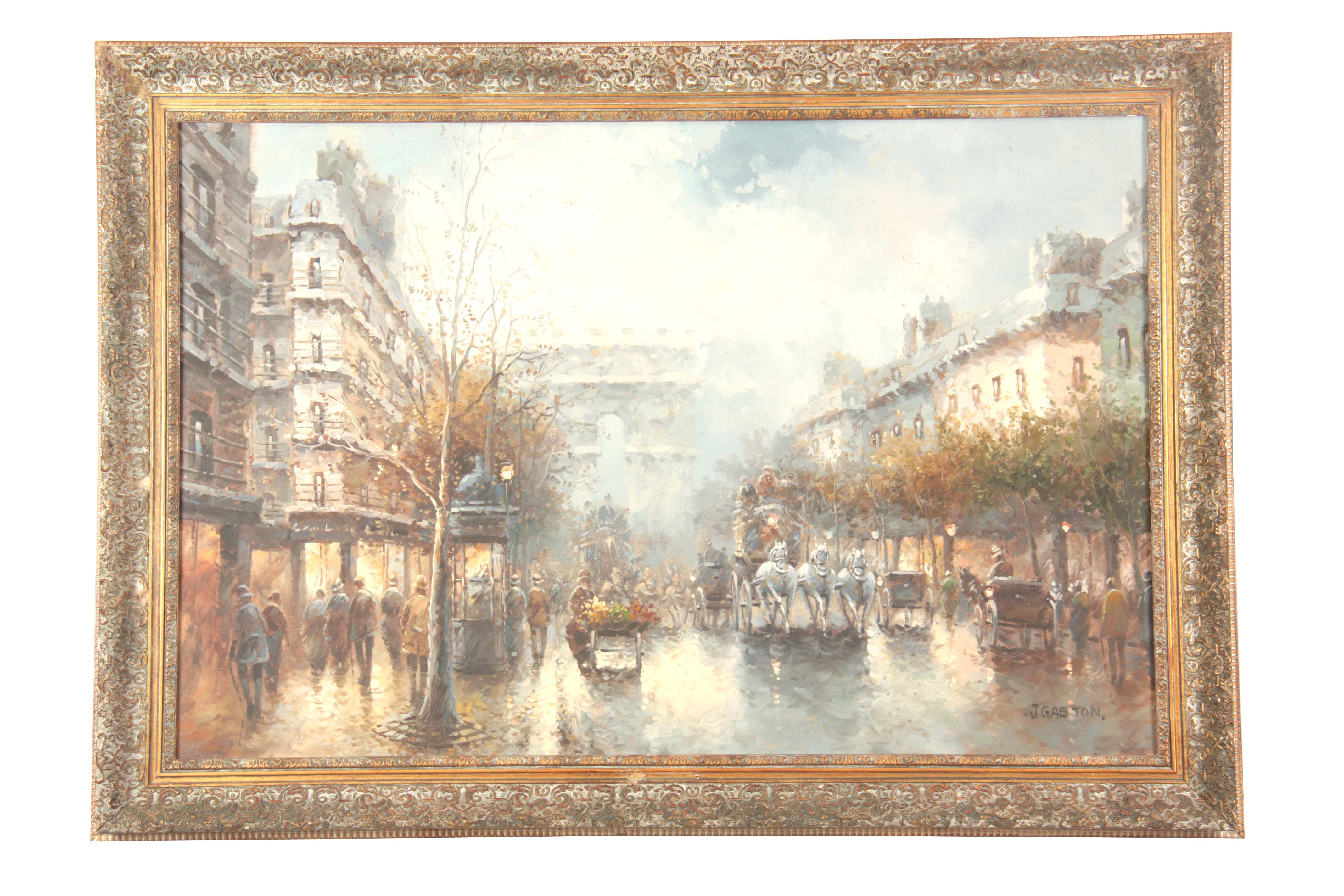 J GASTON - OIL ON HARDBOARD Parisian Street scene with horse-drawn carriages 59.5cm high 90.5cm wide