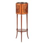 AN EDWARDIAN INLAID MAHOGANY JARDINIERE STAND the round top with copper liner having panelled