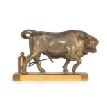 A 19TH CENTURY GILT BRONZE SCULPTURE modelled a chained standing Bull 15.5cm across 9.5cm high