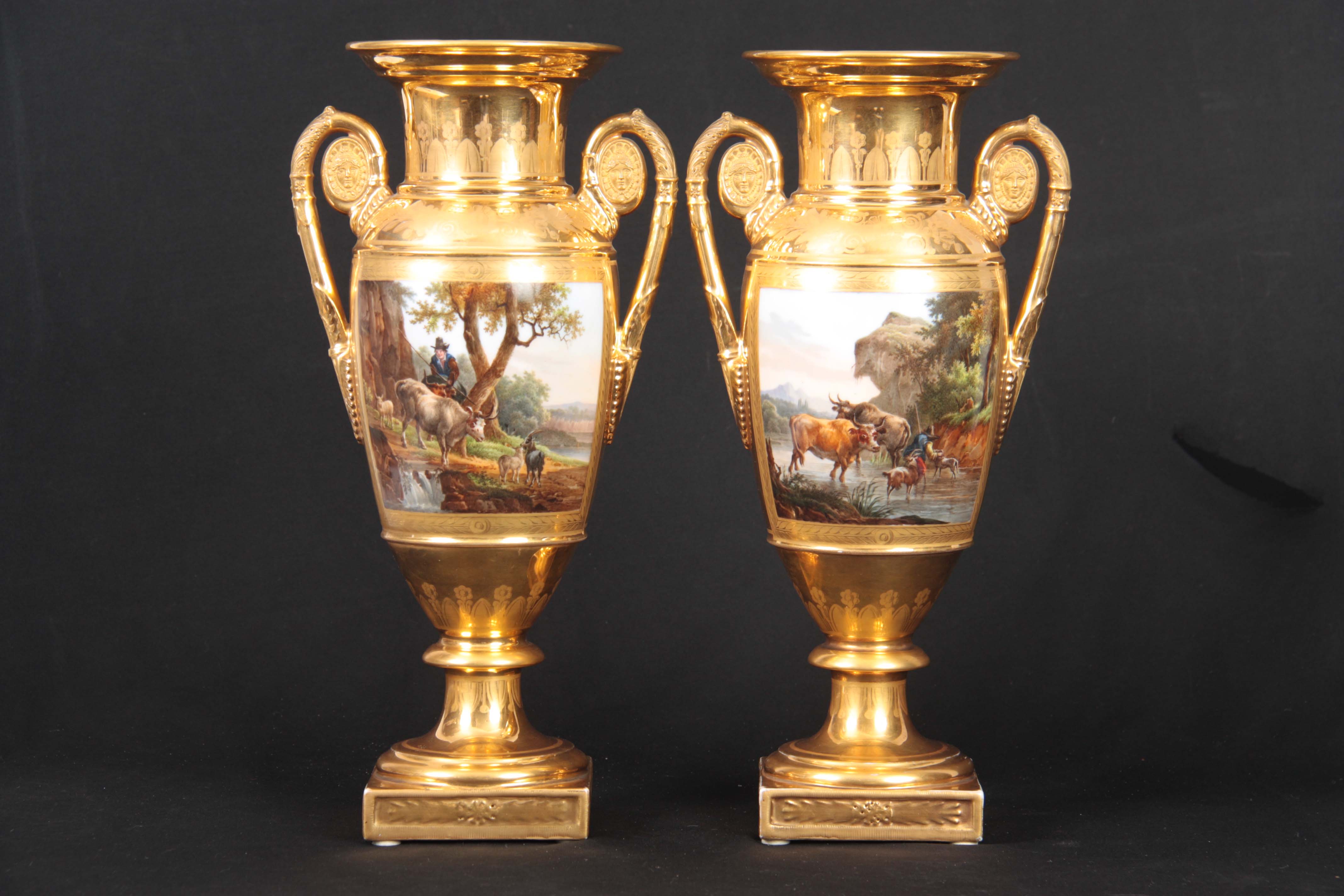 A PAIR OF EARLY 19TH CENTURY FRENCH EMPIRE PORCELAIN VASES of classical urn-shape with medallion-set - Image 2 of 12