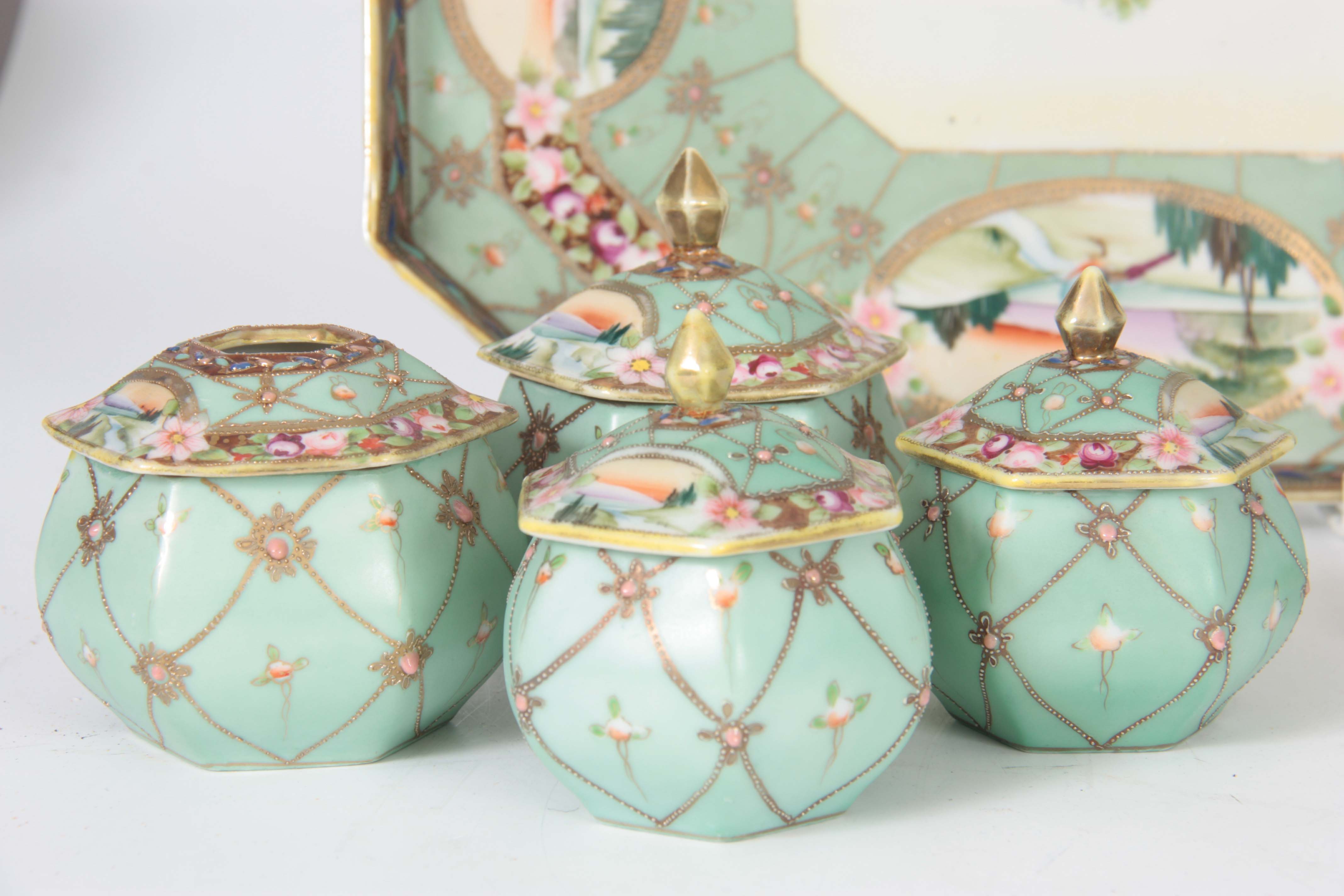 A JAPANESE NORITAKE TRINKET SET having a duck egg blue ground and floral band decoration inset - Image 6 of 8