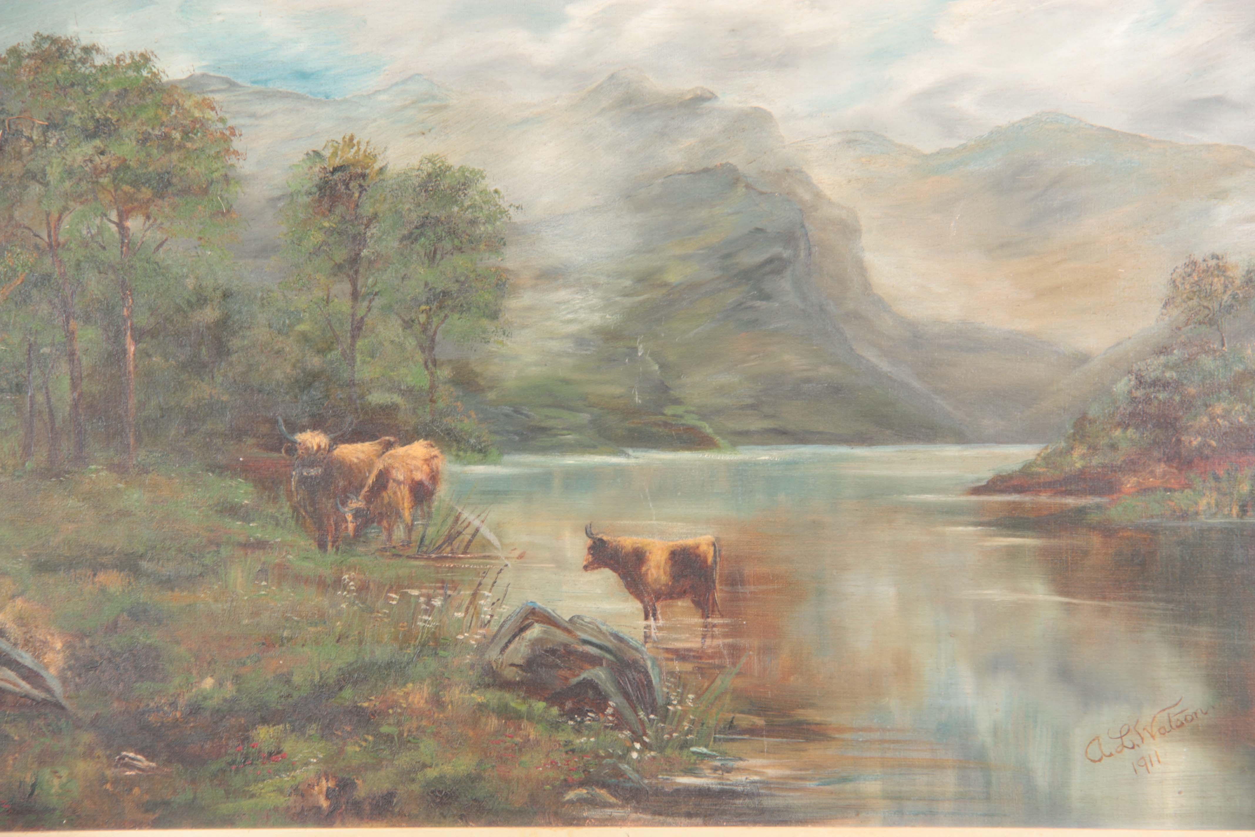ARTHUR SIDNEY WATSON DATED 1911. AN EARLY 20TH CENTURY OIL ON CANVAS Scottish river landscape with - Image 2 of 4