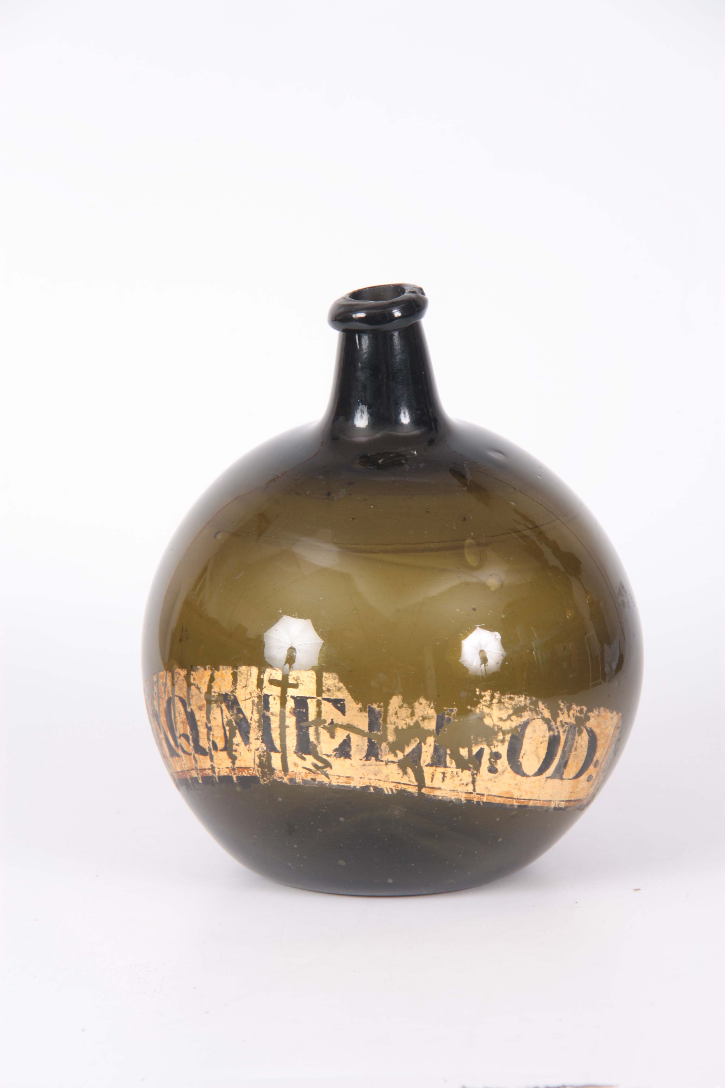 A LATE 18th CENTURY GREEN GLASS BOTTLE of bulbous form with a narrow neck, inscribed on the front - Image 2 of 4