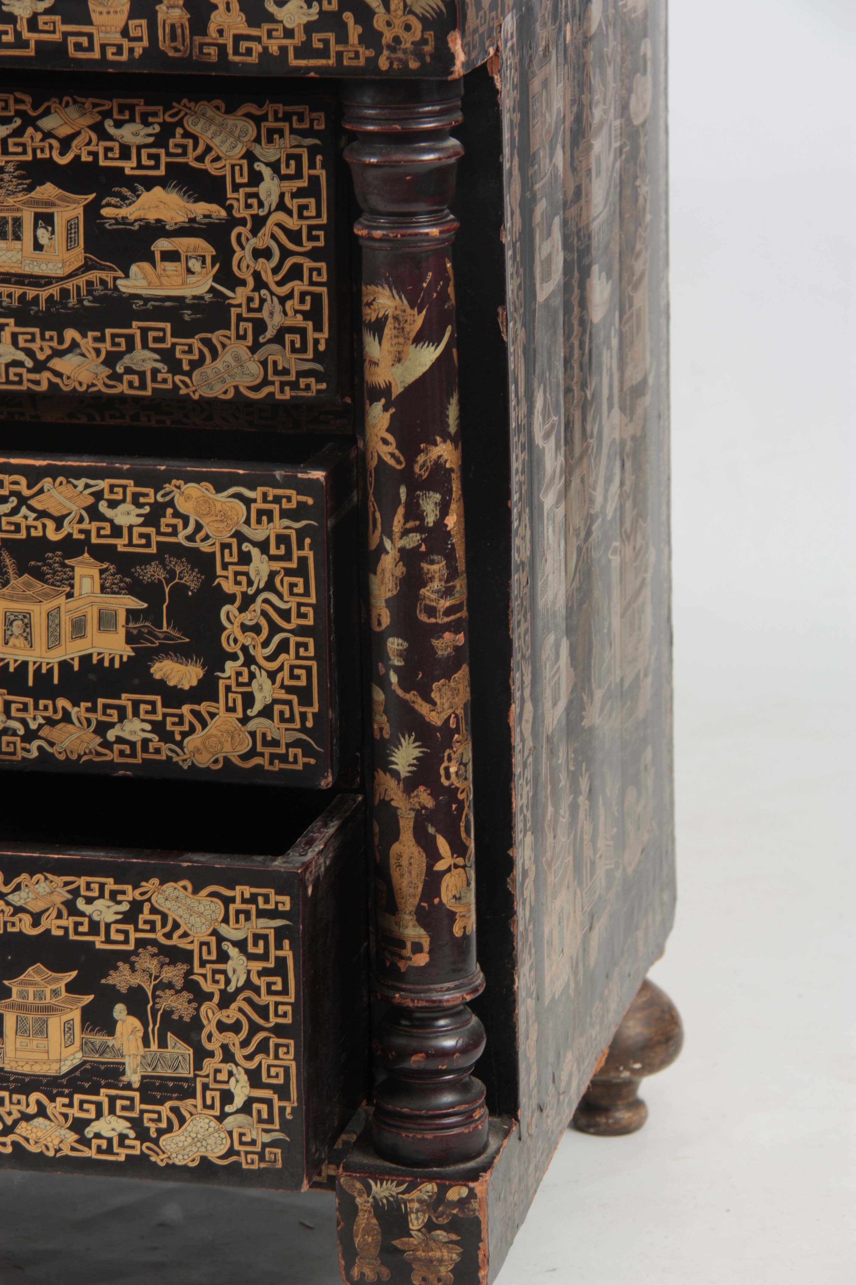 AN UNUSUAL 19TH CENTURY ANGLO CHINESE LACQUERED SECRETAIRE CHEST decorated with pagodas and - Image 4 of 13