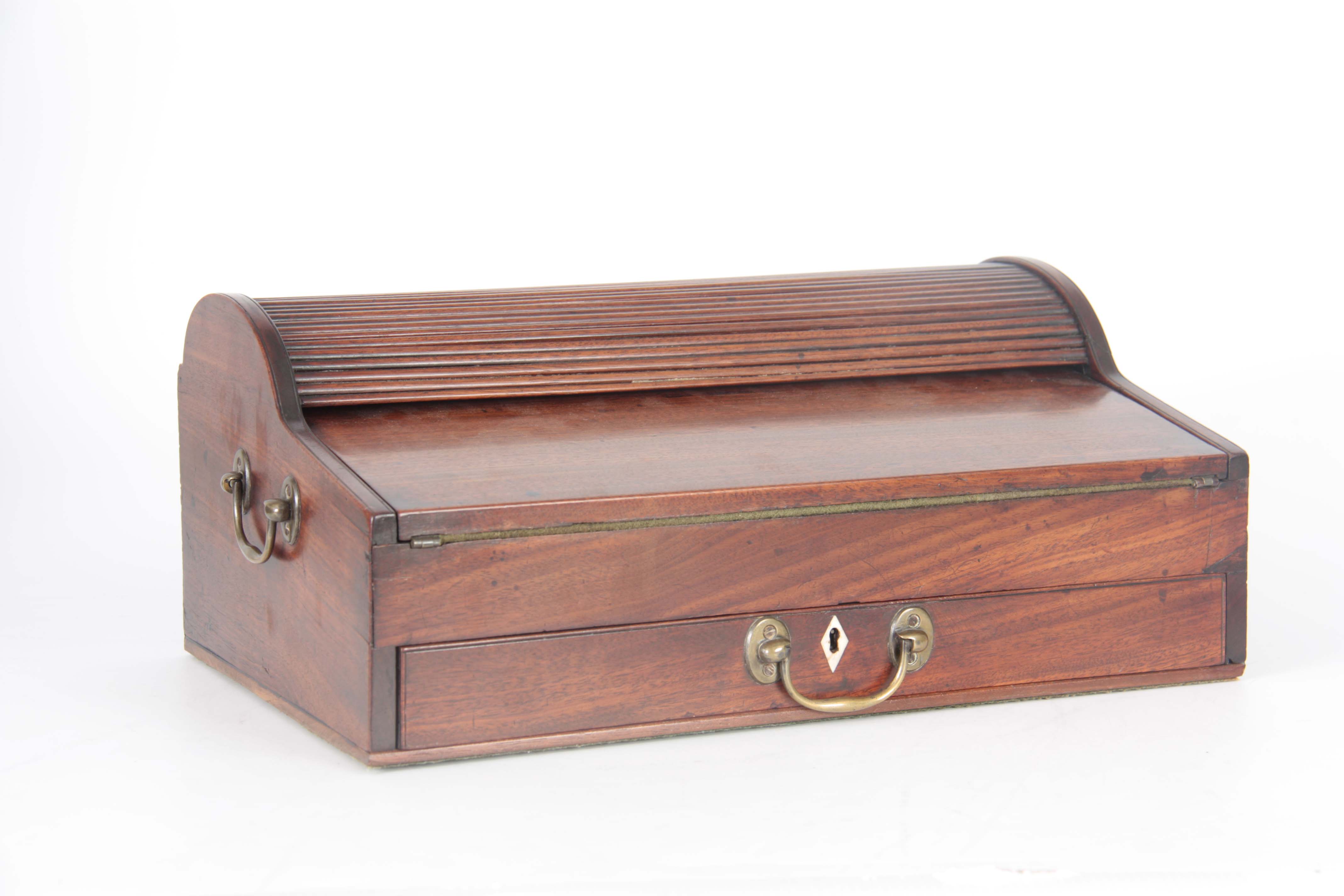 A GEORGE III MAHOGANY TAMBOUR PULL OUT WRITING BOX with pull forward drawer revealing the tambour - Image 2 of 12