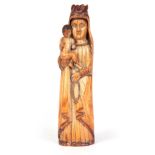 AN 18th CENTURY ANGLO PORTUGUESE CARVED IVORY SCULPTURE OF THE VIRGIN AND CHILD 28cm high.