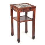 A 19TH CENTURY CHINESE HARDWOOD SQUARE JARDINIERE STAND with floral carved pierced frame and inset