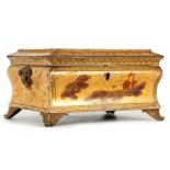 A REGENCY GILT AND YELLOW LACQUER CHINOISERIE SEWING BOX the moulded lid and ogee body on fanned