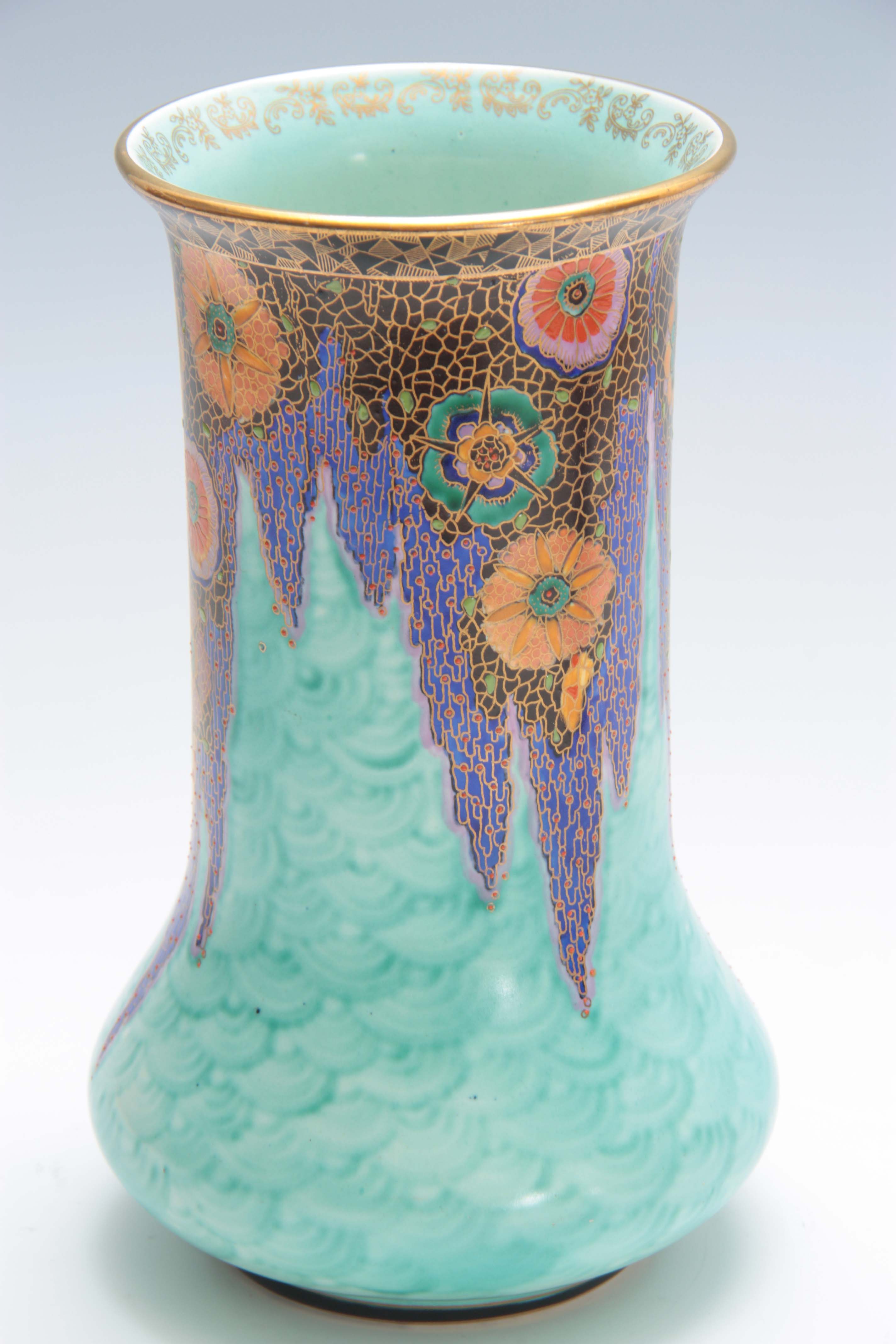 A CROWN DEVON FIELDINGS CYLINDRICAL VASE WITH BULBOUS BASE decorated enamelled flower heads on a - Image 4 of 5