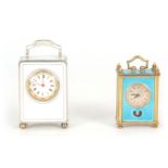 TWO EARLY 20TH CENTURY SWISS ENAMEL BOUDOIR CARRIAGE CLOCKS one having pale green enamel with a