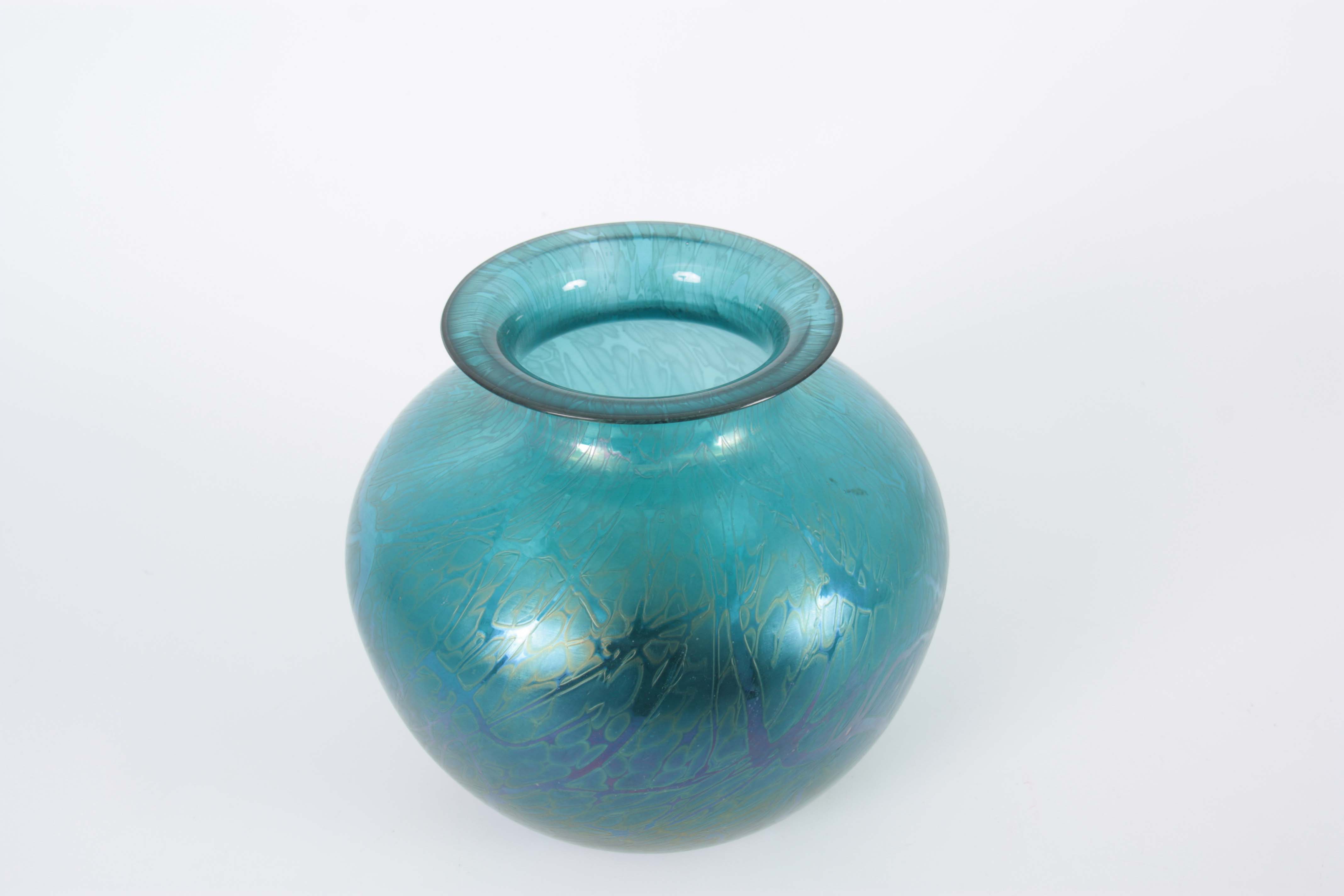 A ROYAL BRIERLEY IRIDESCENT GLASS VASE etched signature to the underside 15cm high 17cm diameter. - Image 3 of 6