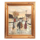 BORGE LUDWIG KNUDSEN A 20TH CENTURY OIL ON CANVAS depicting a town scene with figures in the