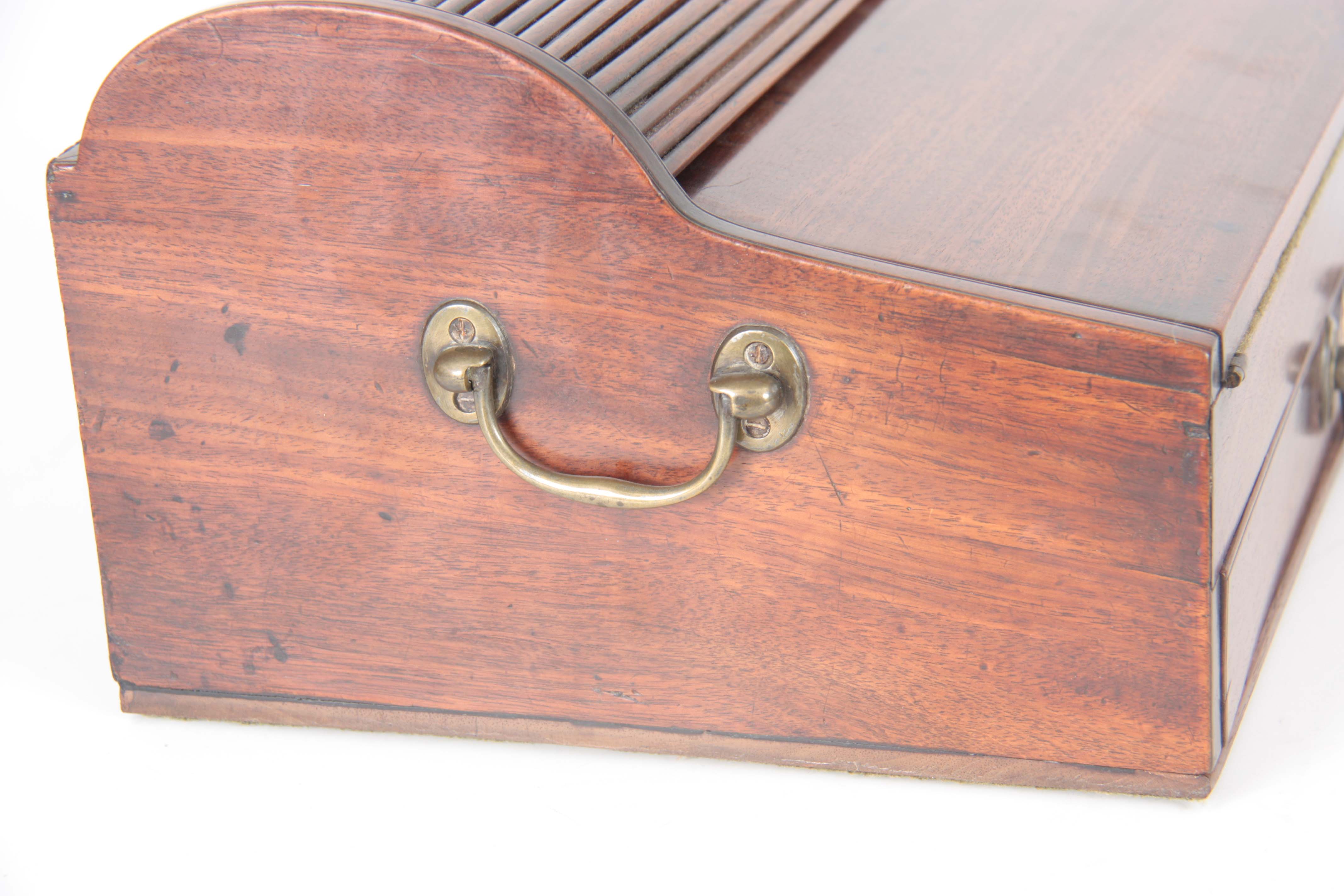 A GEORGE III MAHOGANY TAMBOUR PULL OUT WRITING BOX with pull forward drawer revealing the tambour - Image 10 of 12