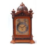 A LATE 19TH CENTURY QUARTER CHIMING TRIPLE FUSEE BRACKET CLOCK the fine architectural figured oak