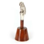 A 19TH CENTURY BELL SHAPED TURNED WOOD PAPERWEIGHT with sterling silver handle cast as a perched Owl