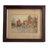 AN EARLY 20TH CENTURY WATERCOLOUR A fox hunt passing through a village 19.5cm high, 28cm wide -