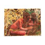 A 20TH CENTURY OIL ON CANVAS depicting an aboriginal scene of two hunters - signed with monogram and