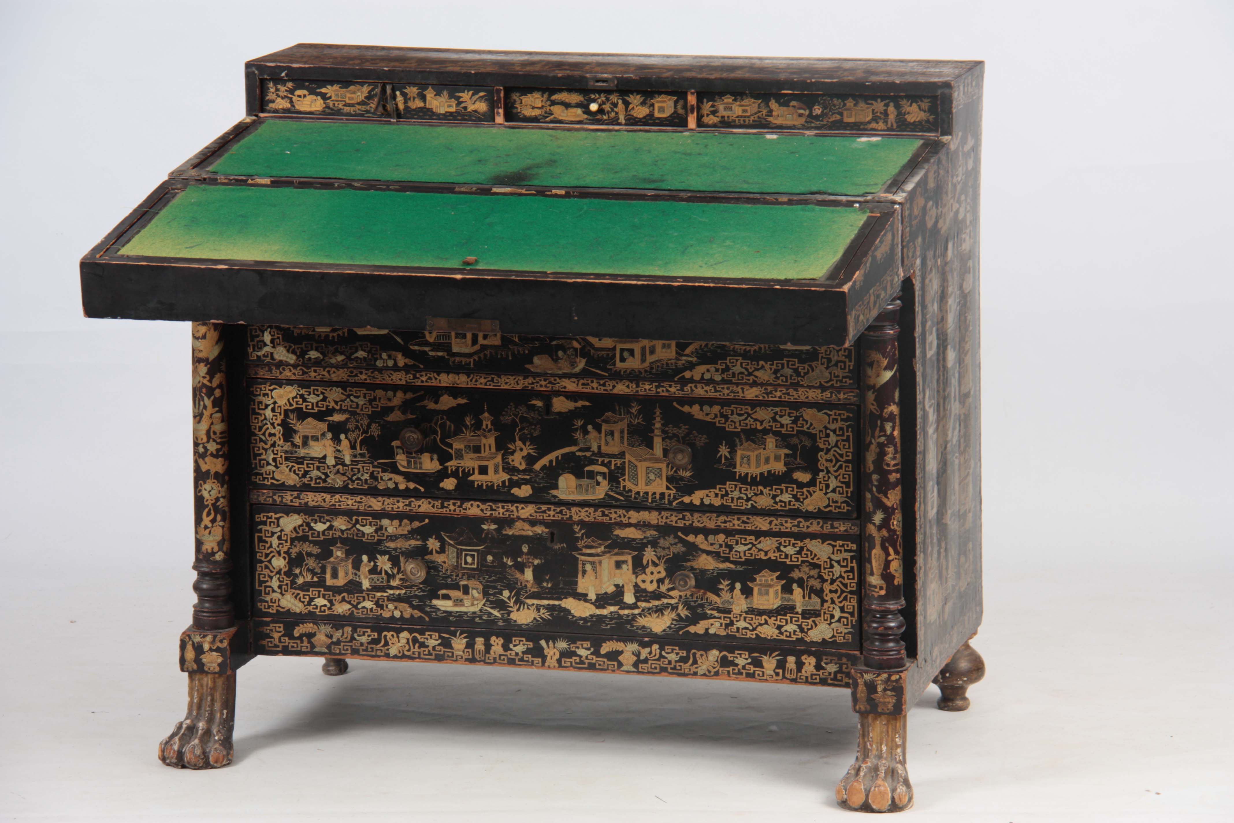 AN UNUSUAL 19TH CENTURY ANGLO CHINESE LACQUERED SECRETAIRE CHEST decorated with pagodas and - Image 6 of 13