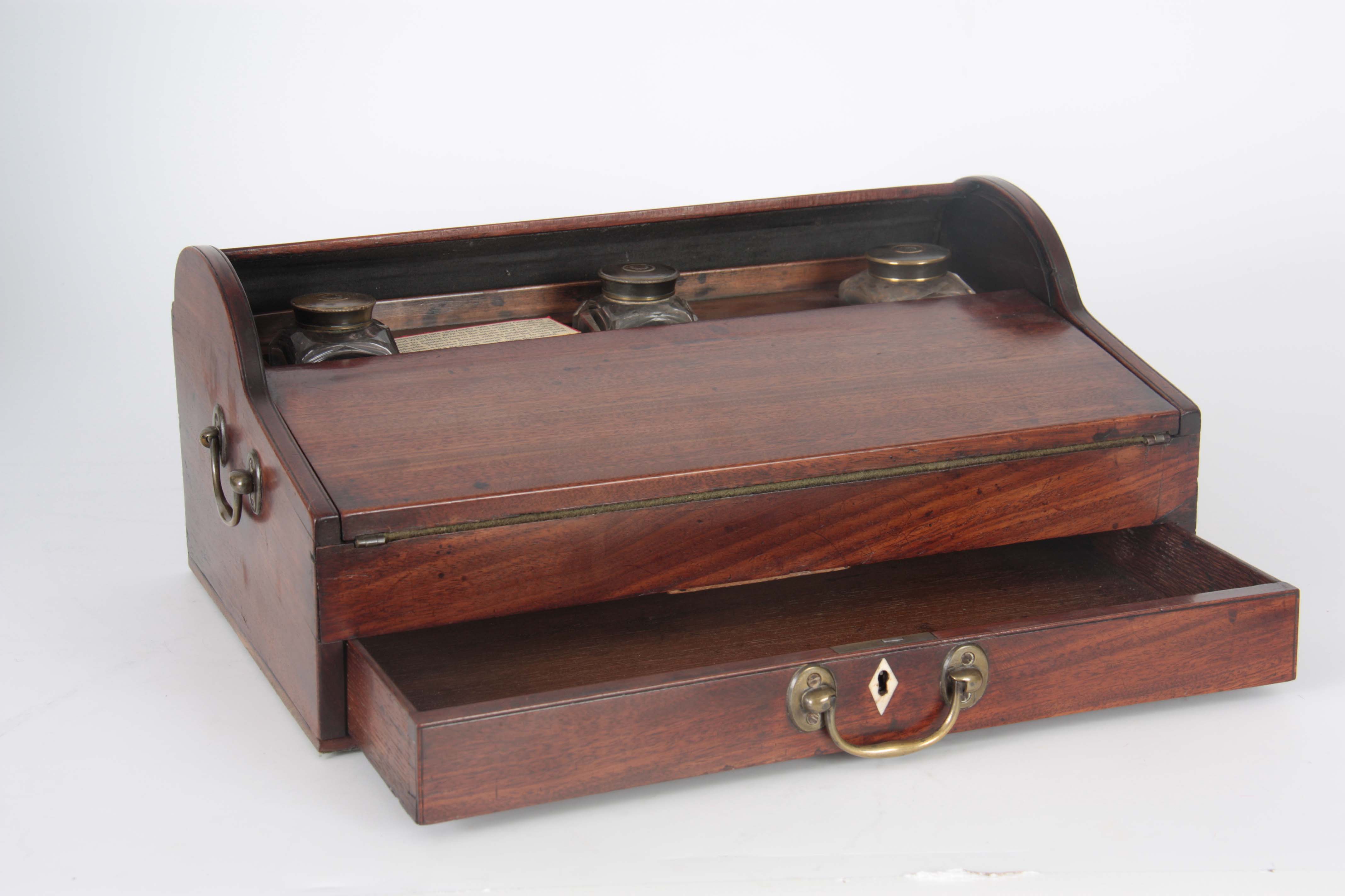 A GEORGE III MAHOGANY TAMBOUR PULL OUT WRITING BOX with pull forward drawer revealing the tambour - Image 6 of 12